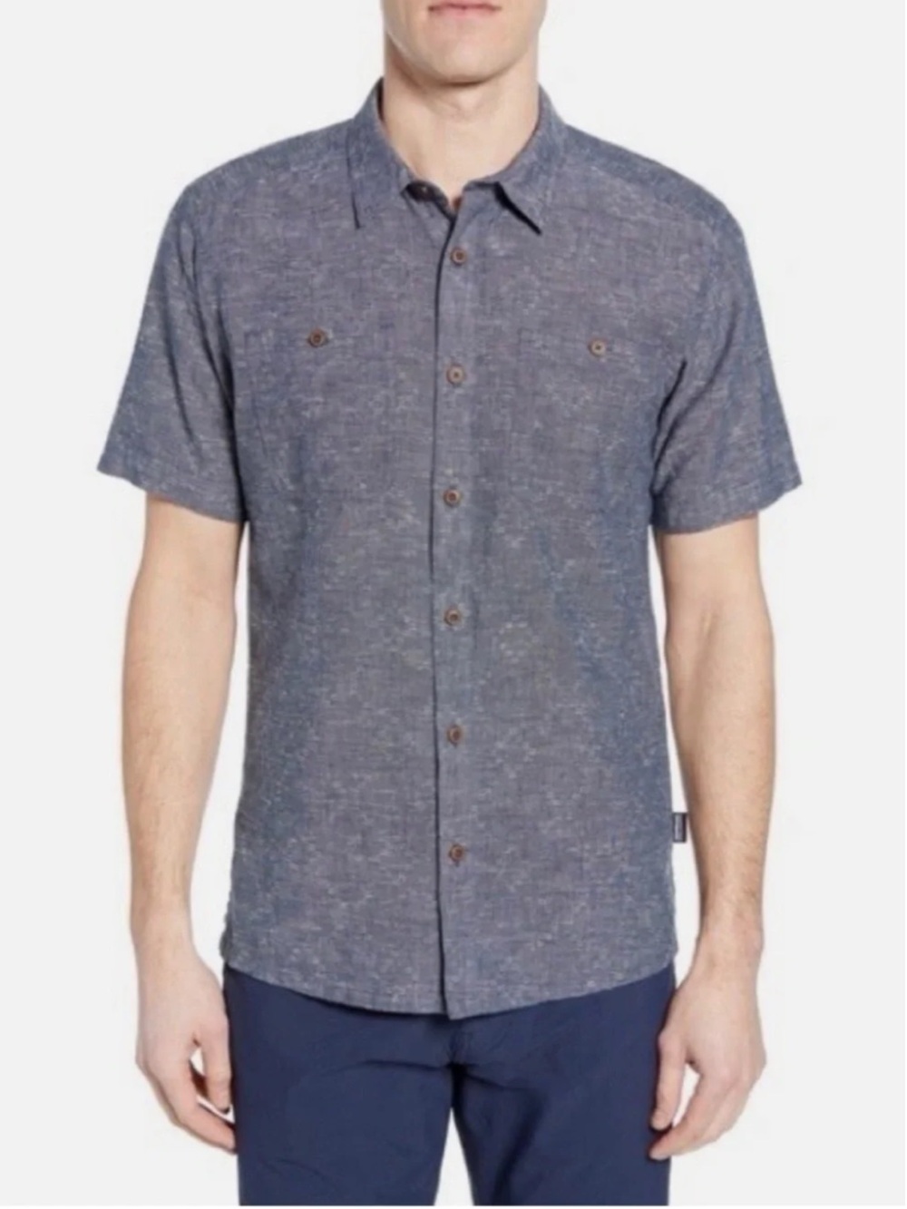 Patagonia Men Back Step Short Sleeve Shirt Hemp Cotton Button Up Blue